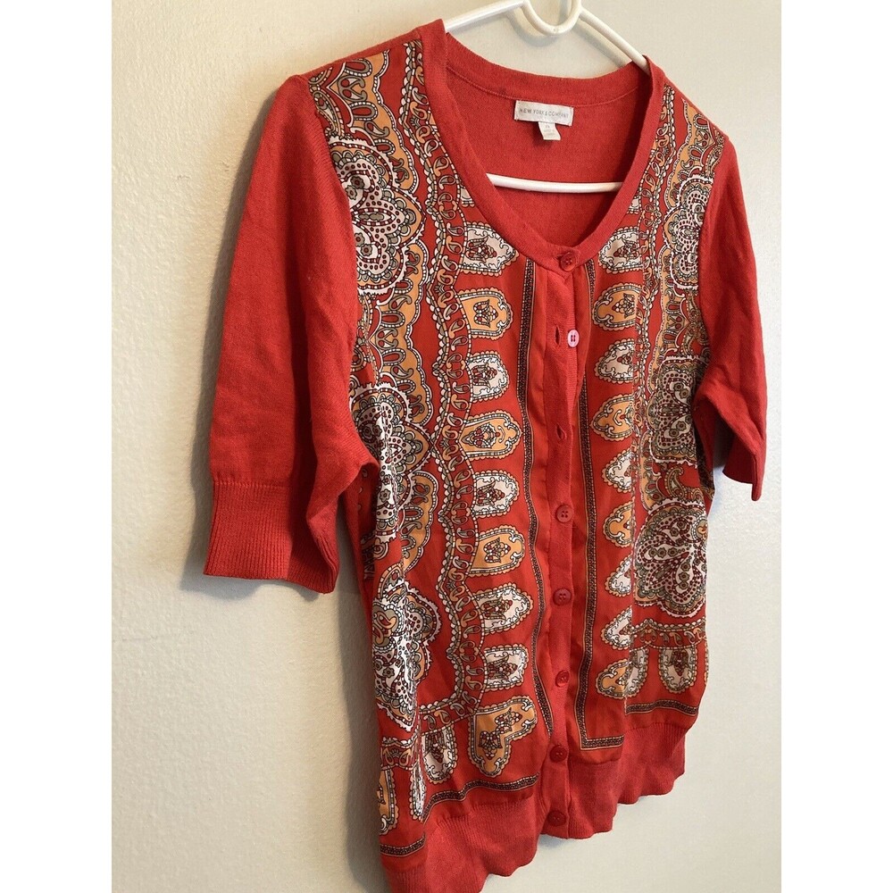New York & Company Women’s Button Cardigan Red Floral Short Sleeve Size XS - Picture 8 of 12